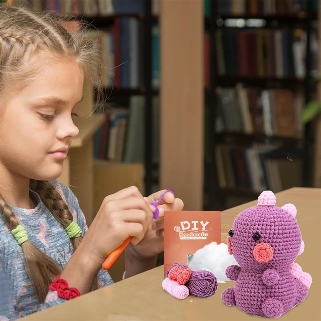 PATPAT Crochet Stuffed Animal Kit Crochet Kit for Beginners DIY Knitting Kit Full Set Crochet Starter Kit with Yarn, Polyester Fiber, Crochet Hooks, Tutorial Video, Kids Friends Gifts (Dinosaur)