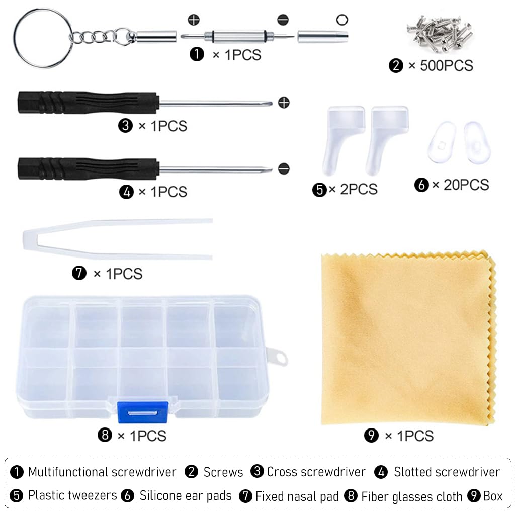 HASTHIP 528pcs Spectacles Glasses Repair Tool Kit Eyeglass Repair Kit with 500 Pcs Spectacles Repair Screws, 20pcs Silicone Nose Pads, Mini Screwdriver, Screws Nuts, Tweezer, Glasses Cloth