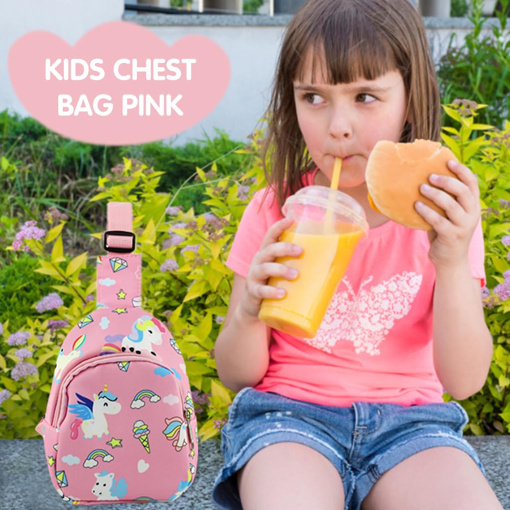 PALAY Kids Chest Bag Pink Unicorn Chest Bag for Kids Outdoor Travel Bag Cartoon Print Nylon Crossbody Bag for Kids Snack Bag Shoulder Bag for Girls