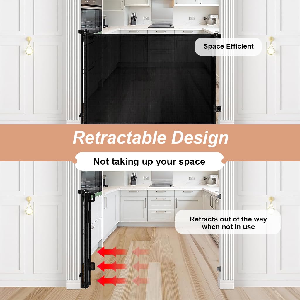 SNOWIE SOFT Retractable Baby Safety Gate Fence Gate with Lock, Buckle Door Barrier Staircase Gate Door Gate Barrier for Babies Toddler, Dog Cat Pet in Balcony, Bedroom, Living Room, 33