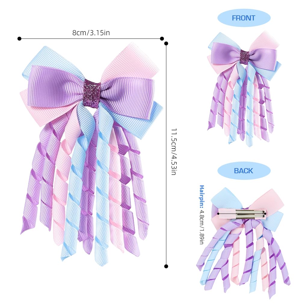 PALAY 3 Inch Hair Bow Clips Purple Curly Grosgrain Ribbon Hair Clips Handmade Kids Girls Cheer Hair Accessories for School Prom Party