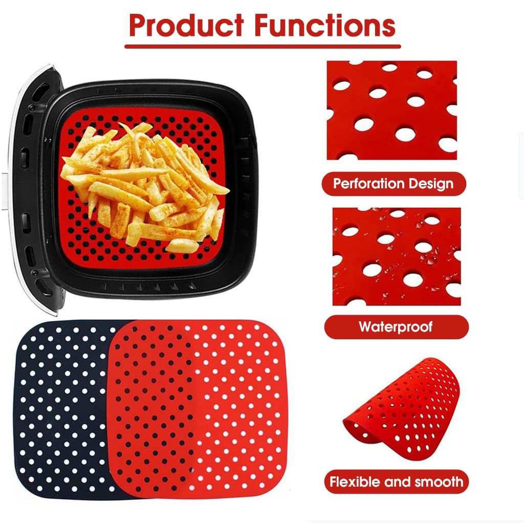 HASTHIP 2Pcs Air Fryer Liners, 8.5 Inch Air Fryer Silicone Baking Tray, Air Fryer Accessories, Non-Stick Air Fryers Basket Oven Accessories, Square Air Fryer Oven Pads (1 Red + 1 Black)