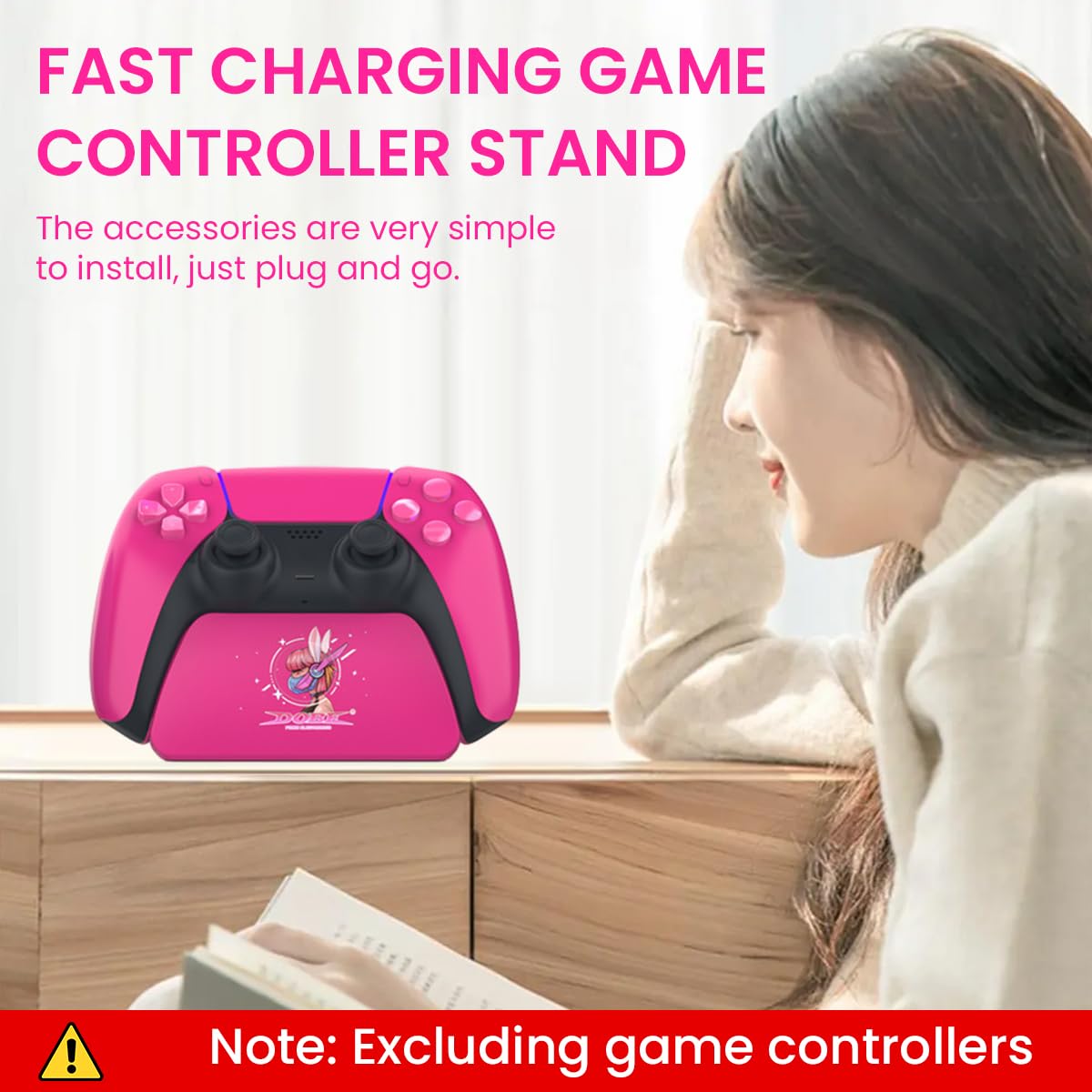 ZORBES Pink Controller Display Stand Anti-Slip ABS Controller Holder for PS5 Desk PS5 Controller Holder with Decorative Cartoon Sticker PS5 Accessory