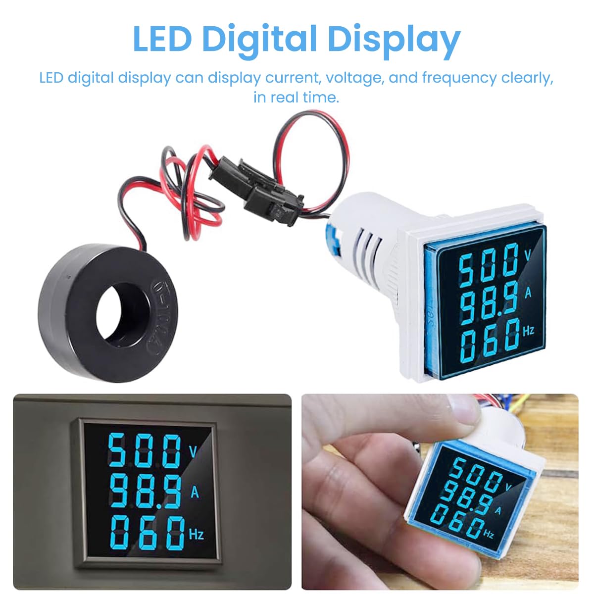 Serplex LED AC Current Voltage Frequency Signal Light 60-500V 0-100A AC Digital Ammeter Voltmeter, Backlight Display Voltage Detector Current Tester Gauge