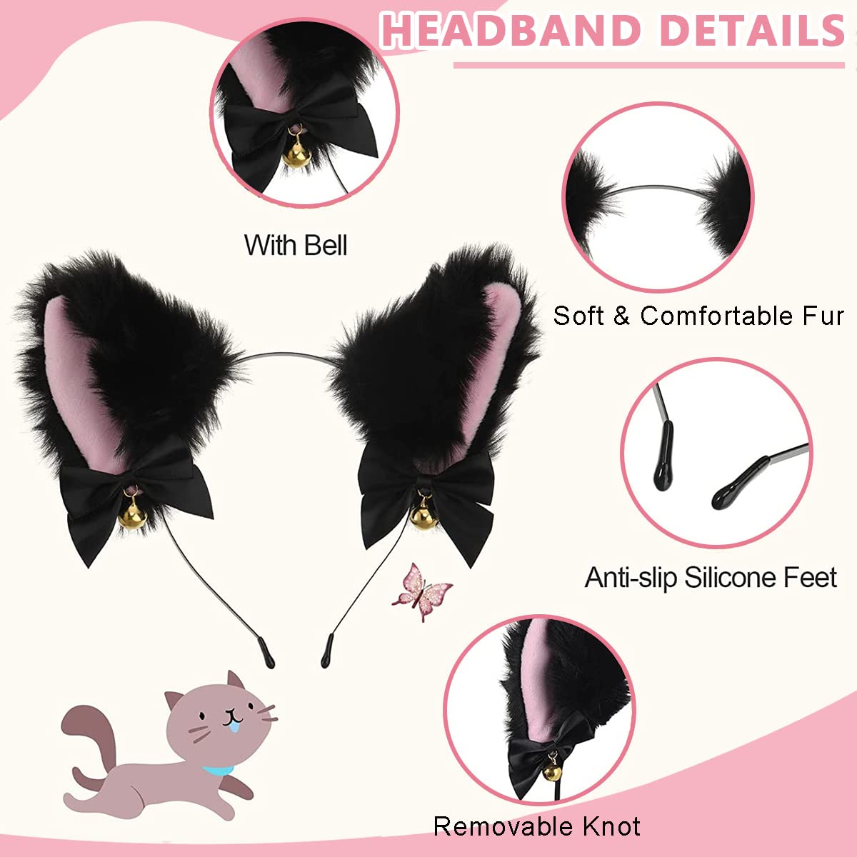 PALAY Cat Ears Headband Choker Set Women Girls Cosplay Plush Furry Ears Hair Band with Bell & Punk Fashion Choker Kit for Fancy Dress Party Performance Halloween