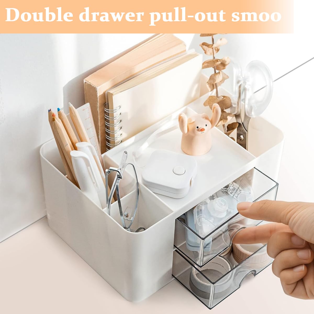 Climberty Desk Organizer - Pen Organizer with 2 Drawer, Multi-Functional Pencil Holder for Desk, Desk Organizers and Accessories with 5 Compartments + Drawer for Office Art Supplies (White)