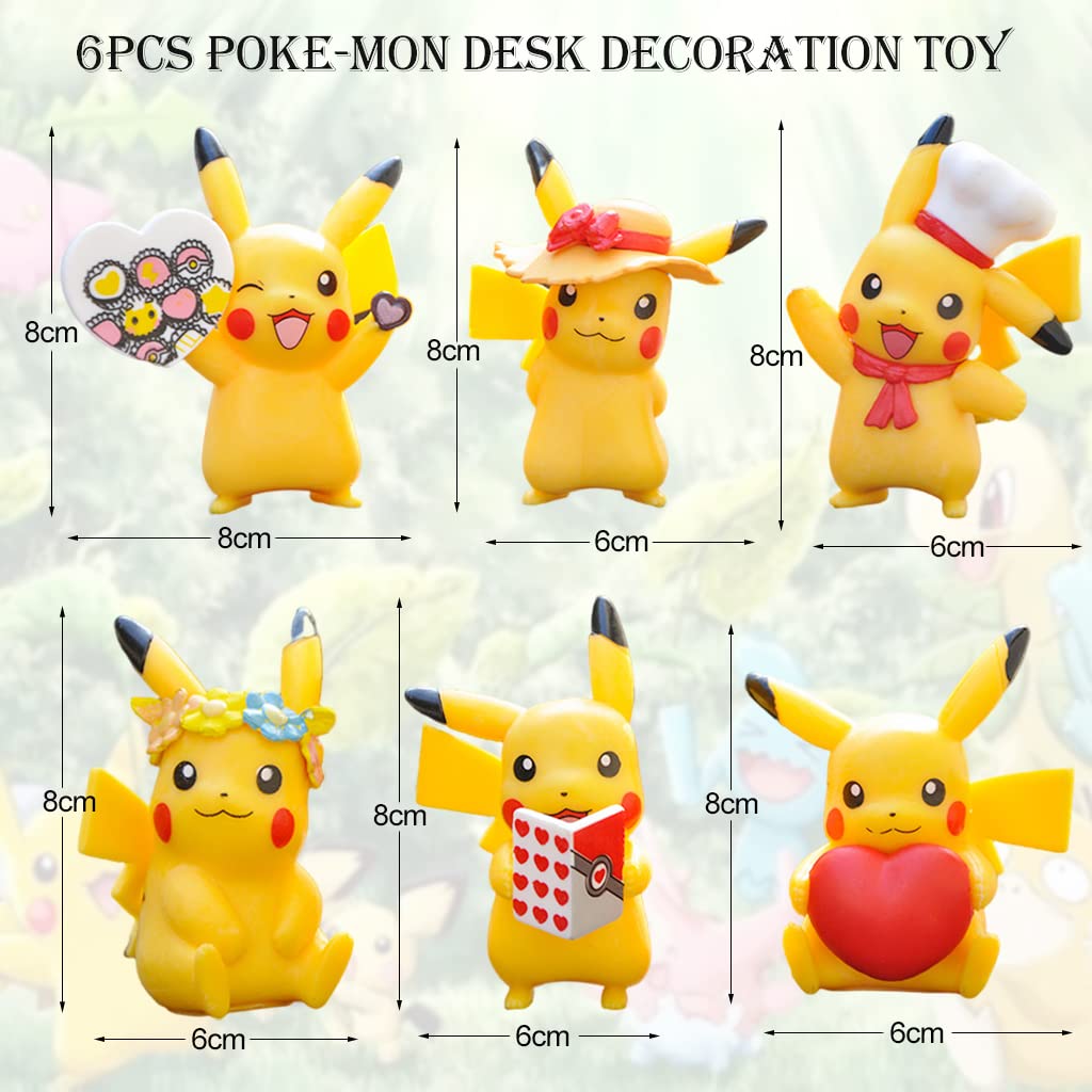 PATPAT Polyvinyl Chloride Set of 6 Pika-Chu Figure Toy Poke-Mon Figures Desk Decoration Poke-Mon Toy Figure Toy For Kids Anime Lovers Birthday Gift Room Decoration (9Cm), Multi Colour