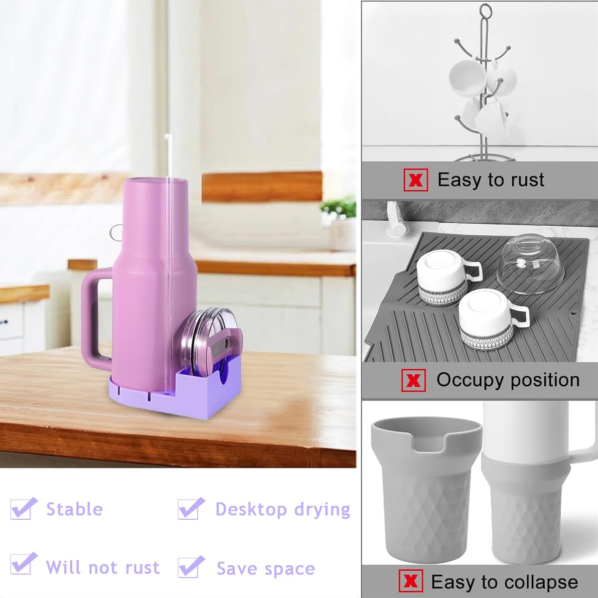 HASTHIP Water Cup Drying Tray Silicone Water Drying Tray with Lid Holder & Straw Slot Reuseable Silicone Drying Tray for Stanley Cup Tumbler Dry Tray, Purple