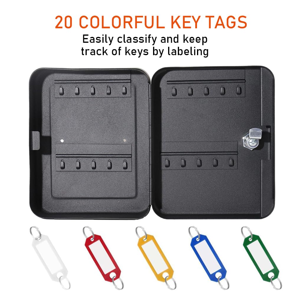 HASTHIP 20-Keys Steel Key Cabinet with 2 Unlocking Keys, Wall Mounted Key Organizer Black Frosted Security Box with Hooks and Large Key Tag Labels