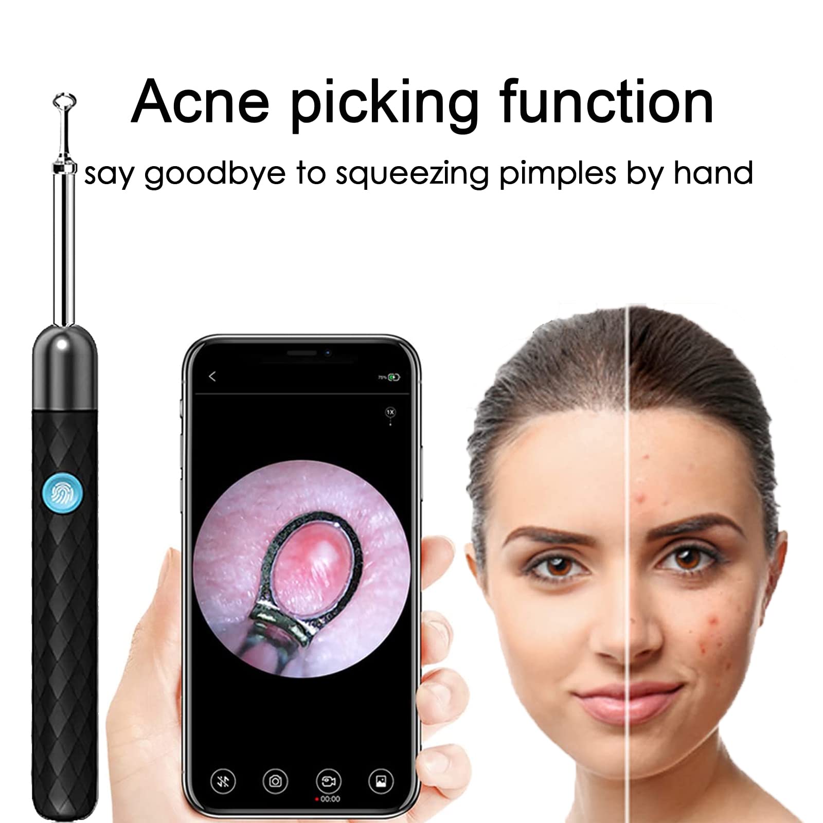 HANNEA Ear Wax Remover Tool Kit Camera 6-Axis Gyroscope Ear Cleaner Tool with 6 Ear Spoons & 1 Acne Pin Ear Wax Cleaner Machine 1080P 4mm Otoscope Lens Ear Camera Cleaner for Cleaning Spade for IOS & Android