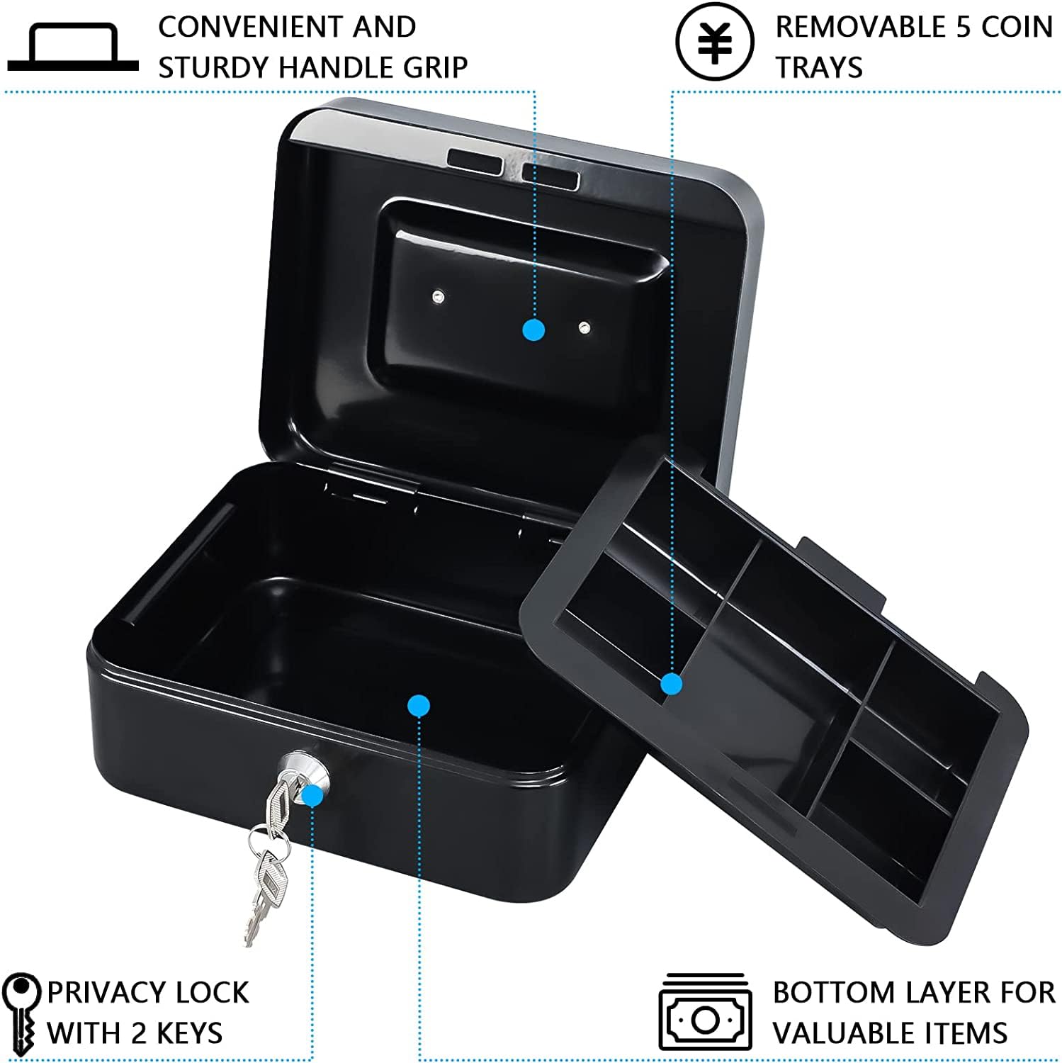 ZIBUYU Cash Box with Lock Portable Coin Box with Keys Money Storage Case Piggy Bank with 6 Compartments, Portable Metal Cash Box with Lock Small Locker Box for Money (4.92 x 3.74 x 2.36 Inch) - Black