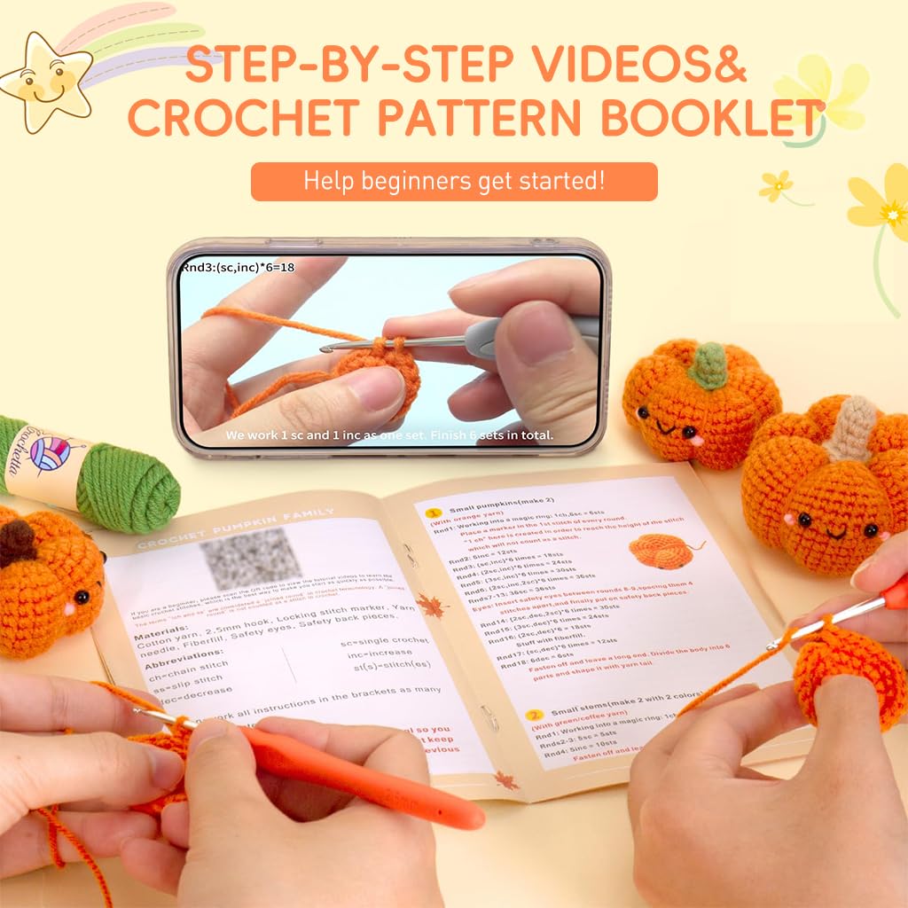 PATPAT DIY Crochet Material Kit Halloween Kawaii Pumpkin Crochets Ornament Handmade Crochet Material Kit Halloween DIY Crochet Charm Ornament Beginners Crochet Kit with Tutorial