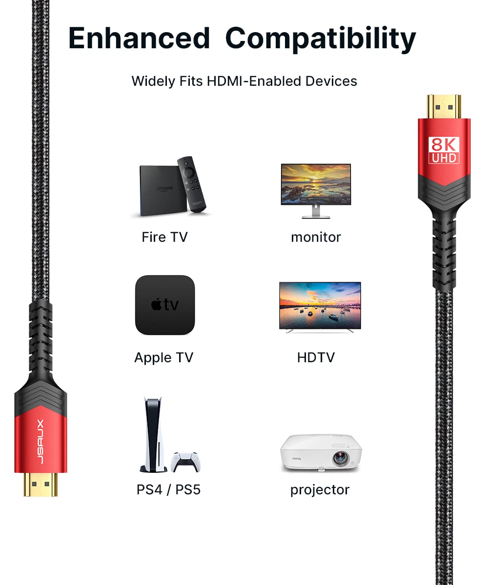 JSAUX 10K 8K HDMI Cable 2.1 2 Pack 6ft, JSAUX 48Gbps Ultra High Speed HDMI Cable Braided Cord, 4K@120Hz, 4K@144Hz, 8K@60Hz, HDCP 2.2&2.3, HDR 10, eARC,ARC Compatible with Dolby PS5 Monitor