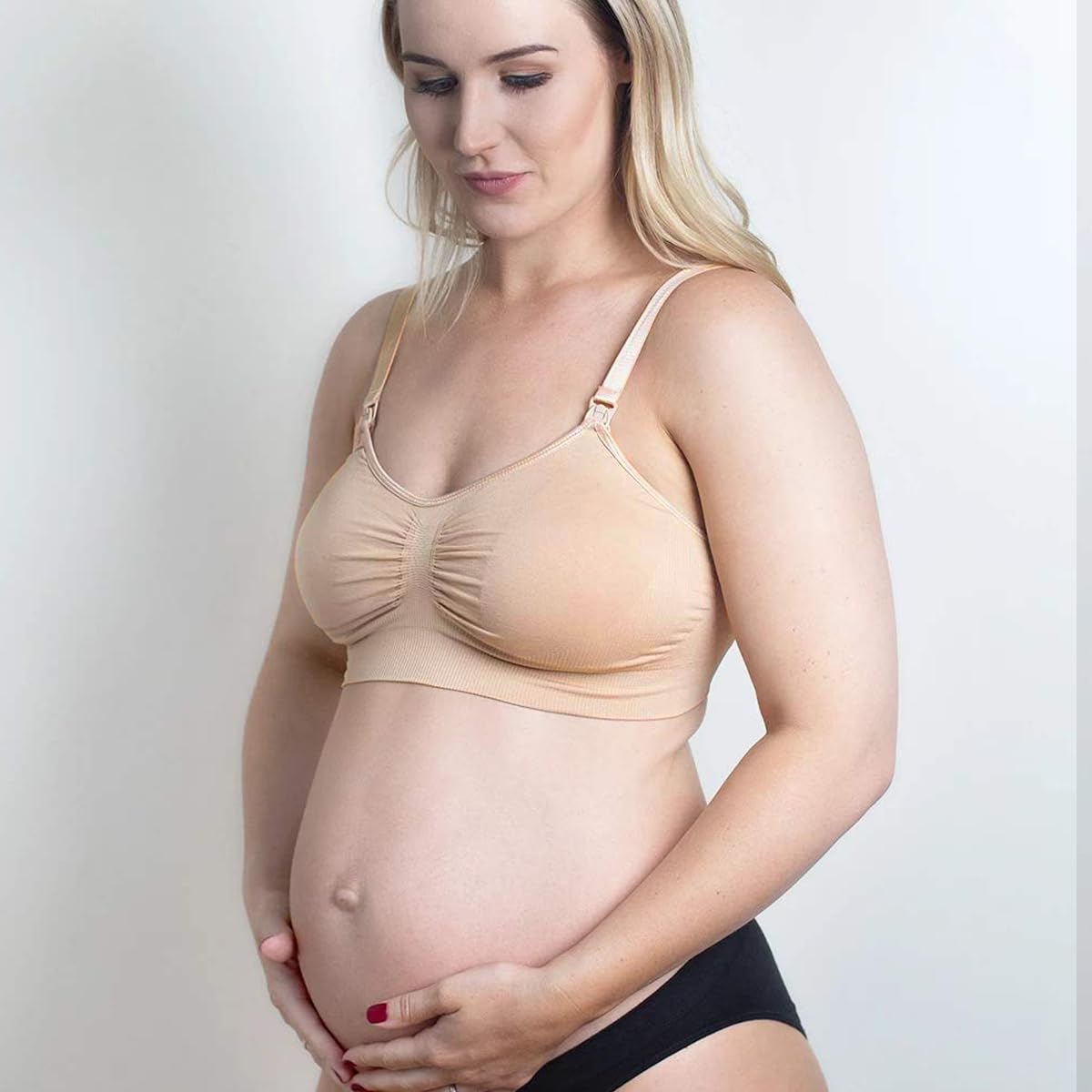 PALAY Breastfeeding Bra Nursing Bra for New Moms Easy Release Clasp Design Breathable Nylon Nursing Bra Detachable Bra Cups Seamless Breastfeeding Bra, Beige, XL