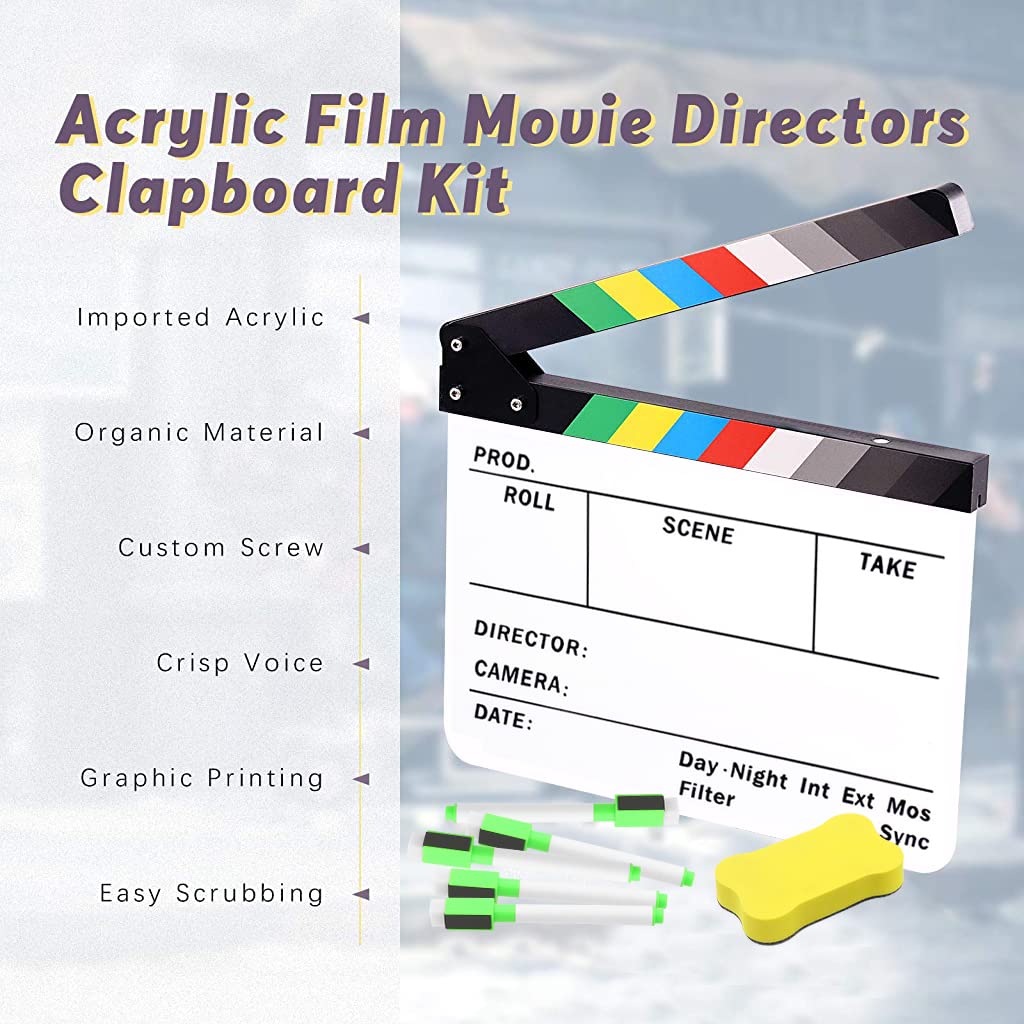 ZORBES 12x10 inch Acrylic Clapboard/Film Slate Cut Action Scene Clapper with Markers and Erasers for Movie Directors,Filmmaking,Photography,Studio,Video,TV