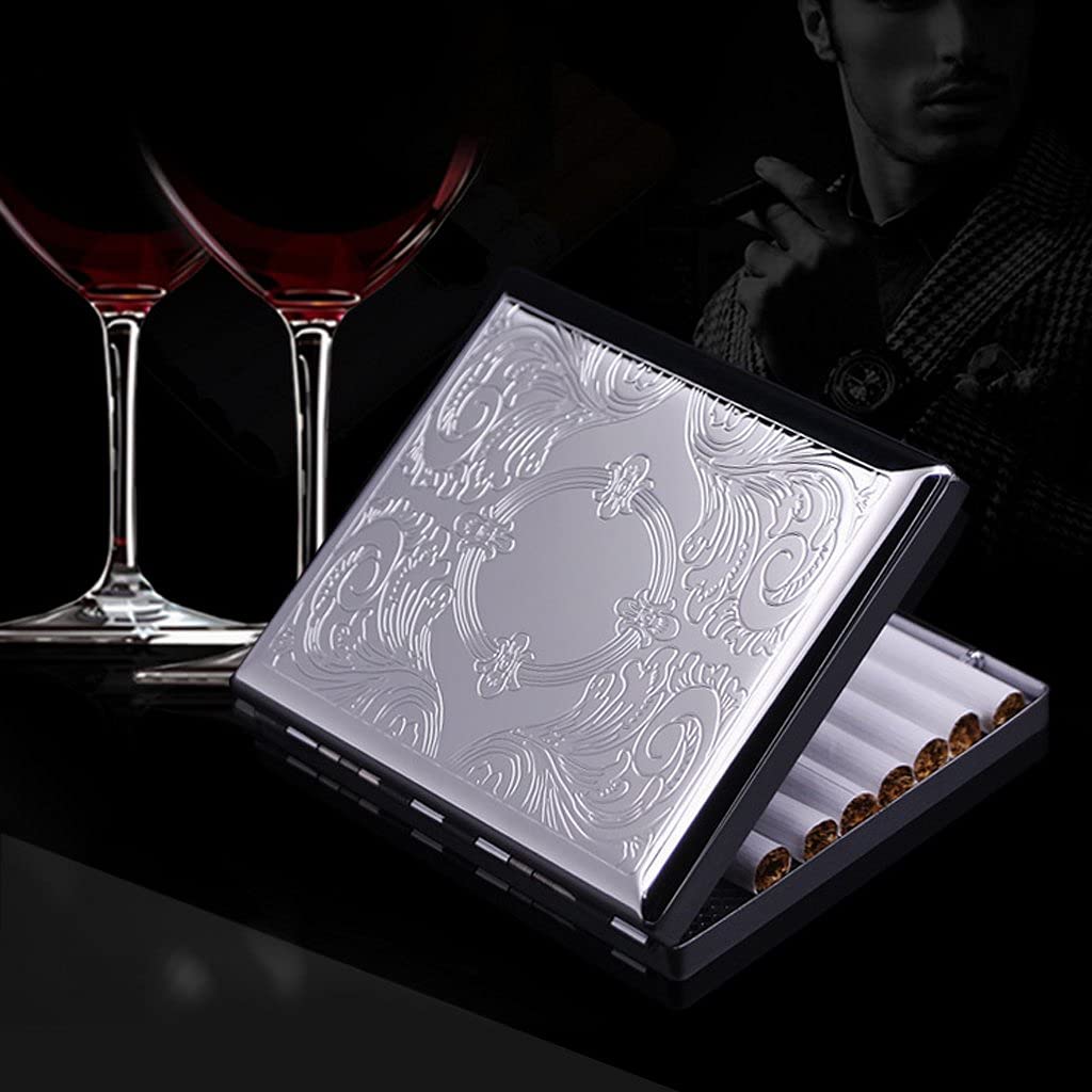 GUSTAVE Retro Metal Cigarette Case - Cigggrate Case - Cigarette Case for Men Stylish - Double Sided Spring Clip Open Pocket Holder for 20 Cigarettes 84mm (Silver)