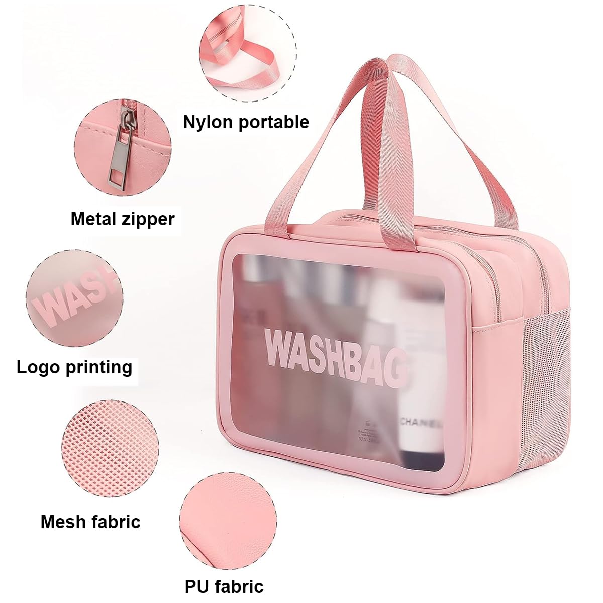 MAYCREATE Travel Toiletry Bag, Large Clear Makeup Bags, 2 in 1 Cosmetics Bag with Zipper Handle, Translucent Waterproof and Draining Travel Accessories Bag, Pink