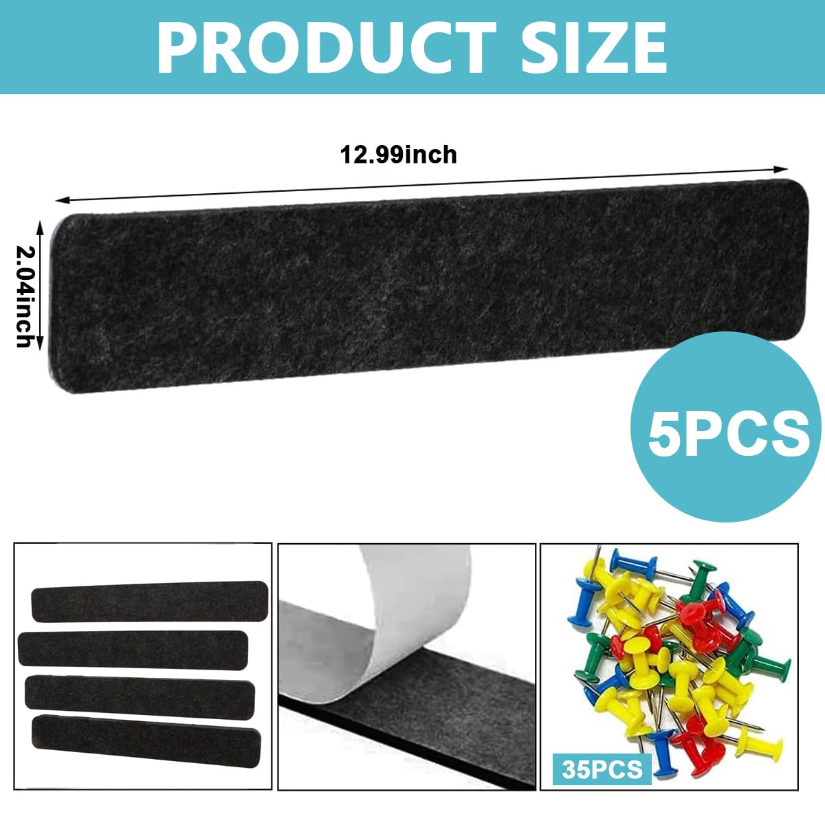 Climberty 5 Pack Felt Bulletin Board, Vision Board Felt Message Board with 35pcs Drawing Pins, Self-Adhesive Lightweight Bulletin Board Strips for Paste Notes, Photos, Schedules (Black)