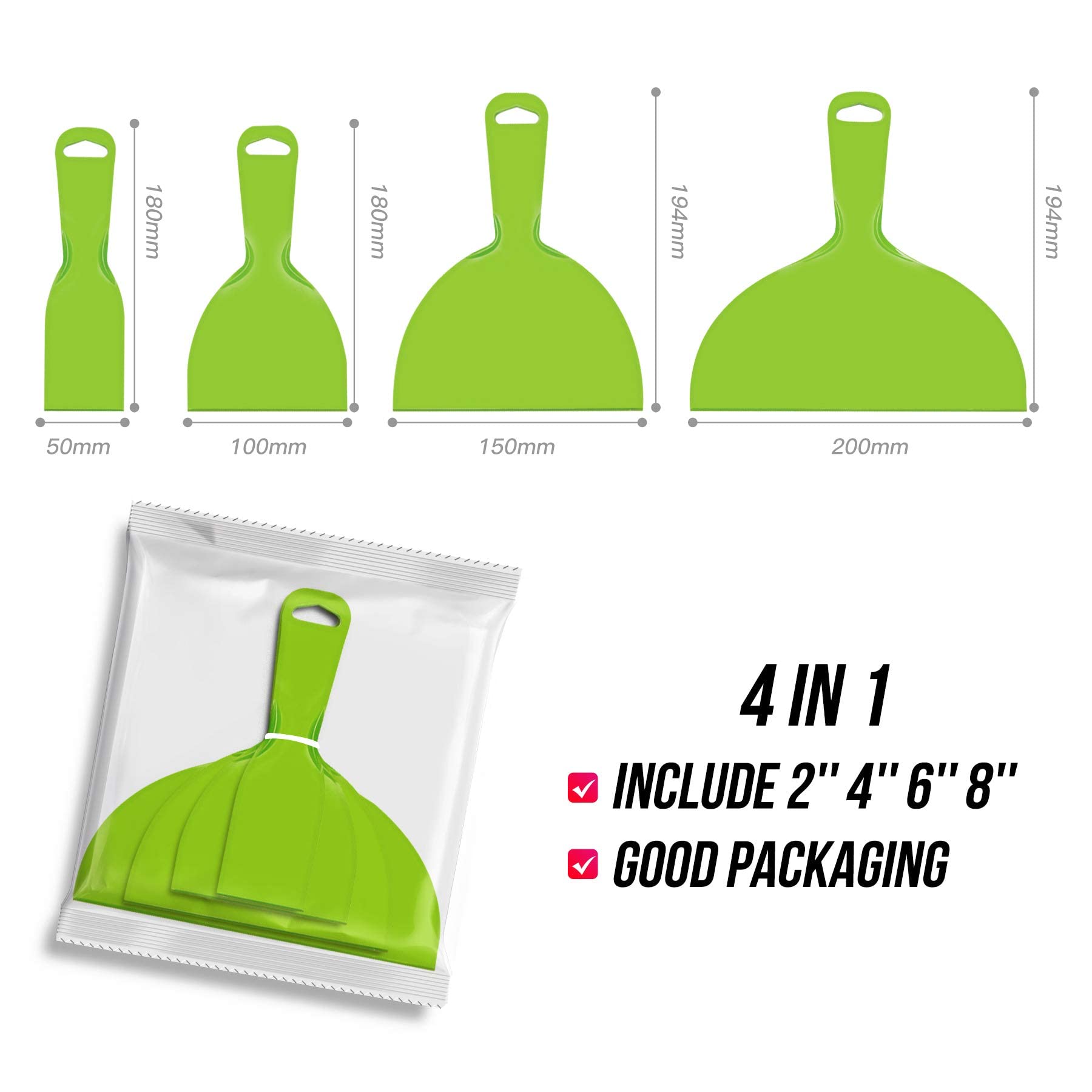 HASTHIP 4 PCS Putty Scrapers, Putty Knives, Putty Knife Set, Flexible Plastic Paint Scraper Tool 2/4/6/8inch for Drywall Finishing, Plaster Scraping, Decals and Wallpaper