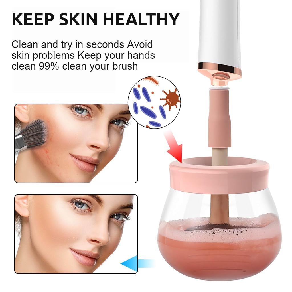 MAYCREATE 2-in-1 Upgraded Makeup Brush Cleaner and Dryer Machine, Electric Cosmetic Automatic Brush Spinner with 8 Size Rubber Collars, Wash and Dry in Seconds, Fit for All Size Brushes (Pink A)