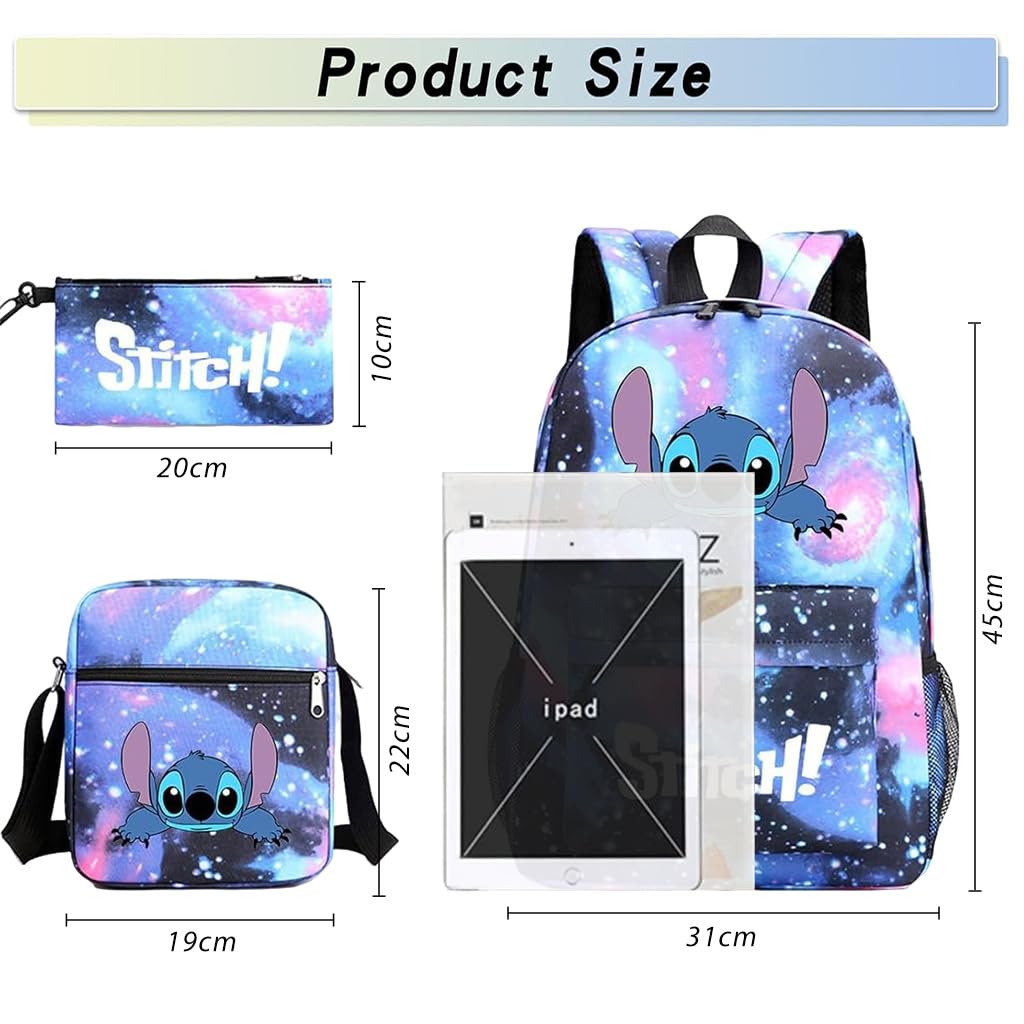 PALAY School Backpack Set of 3Pcs Students School Backpacks Casual Messenger Bag & Pencil Pouch Fashion Cartoon Stitch Print School Backpack Shoulder Bag Book Bag Birthday Gift for Kids