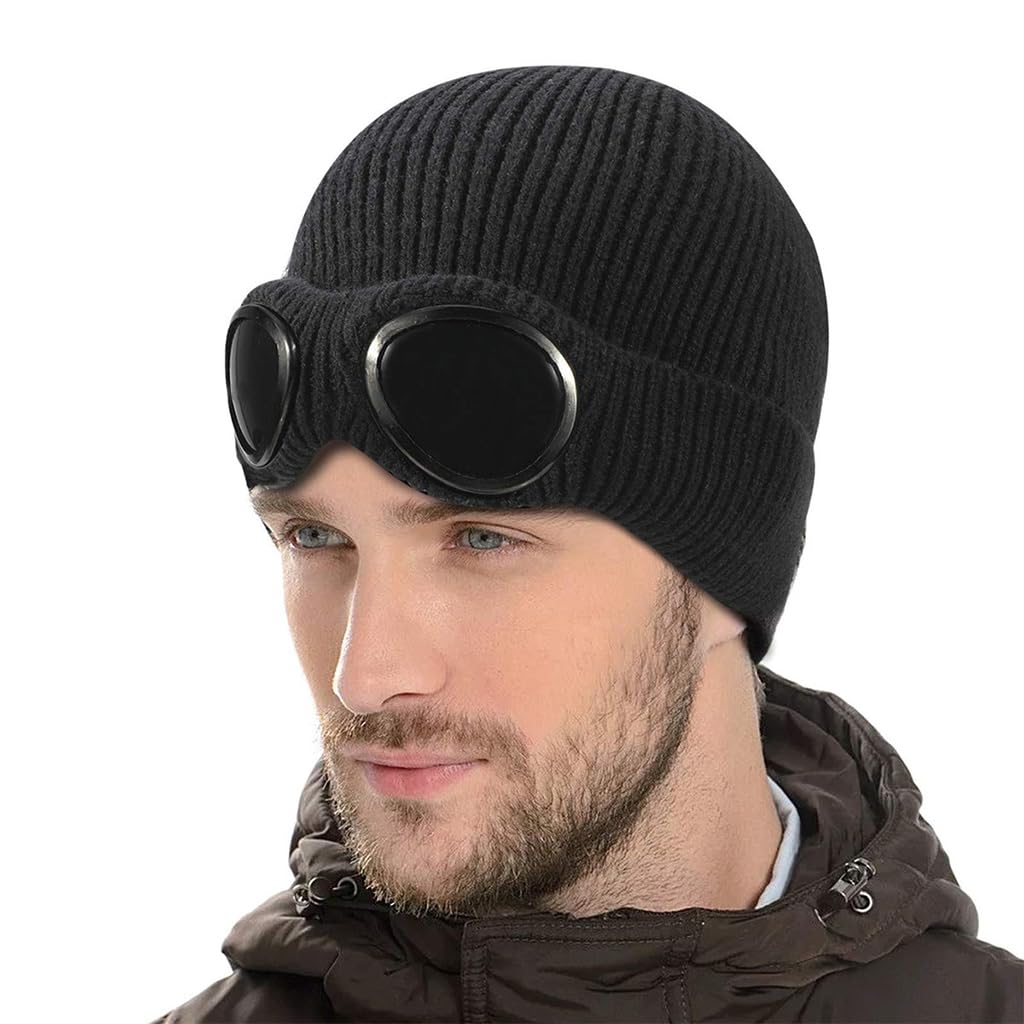 PALAY Winter Hat Knitted Beanie Warm Hat Fashion Goggles Lens Knitted Cap Creative Couple Winter Hat Winter Stretchy Knitted Beanie Hat for Outdoor, Riding (Black)