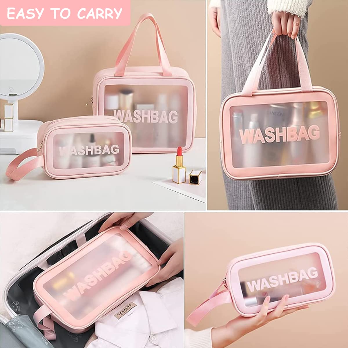 HASTHIP Pink 3 Pcs Waterproof Cosmetic Organizer Pouch Bag for Women & Girls Makeup, Toiletry, Home, Travel Use Storage Kit