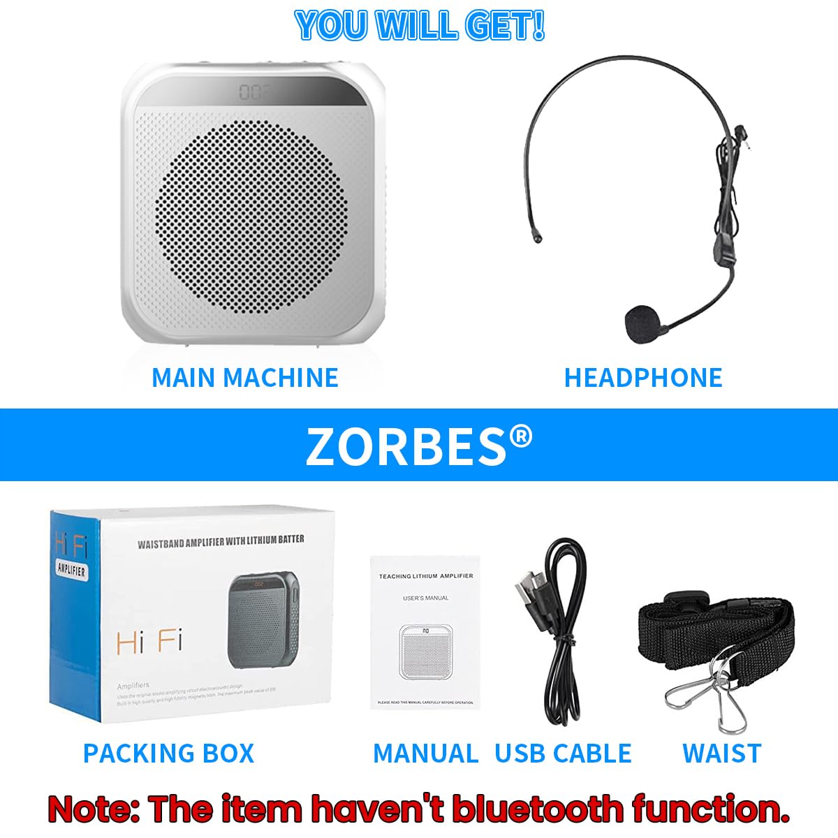 ZORBES Voice Amplifier for Teachers - Microphone Headset Set 2200 mAh, with Headset Microphone Support TF Card/U Flash Disk, Portable Voice Amplifier for Teachers, tour guide, coach, speaker