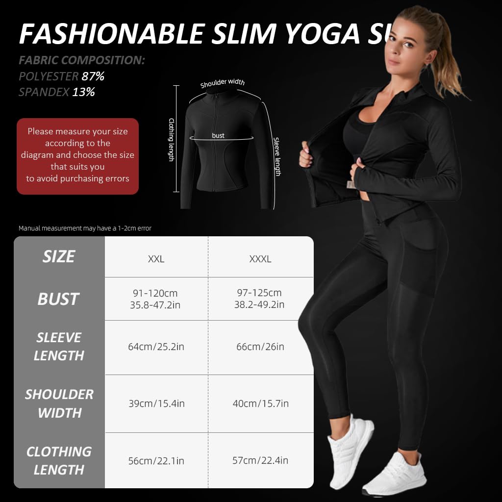 PALAY Gym Wear for Women Fashion Women Slim Fit Yoga Jacket Long Sleeve Zip-up Jacket Quick Dry Long Sleeve Top for Workout, Running, Yoga, XXXL