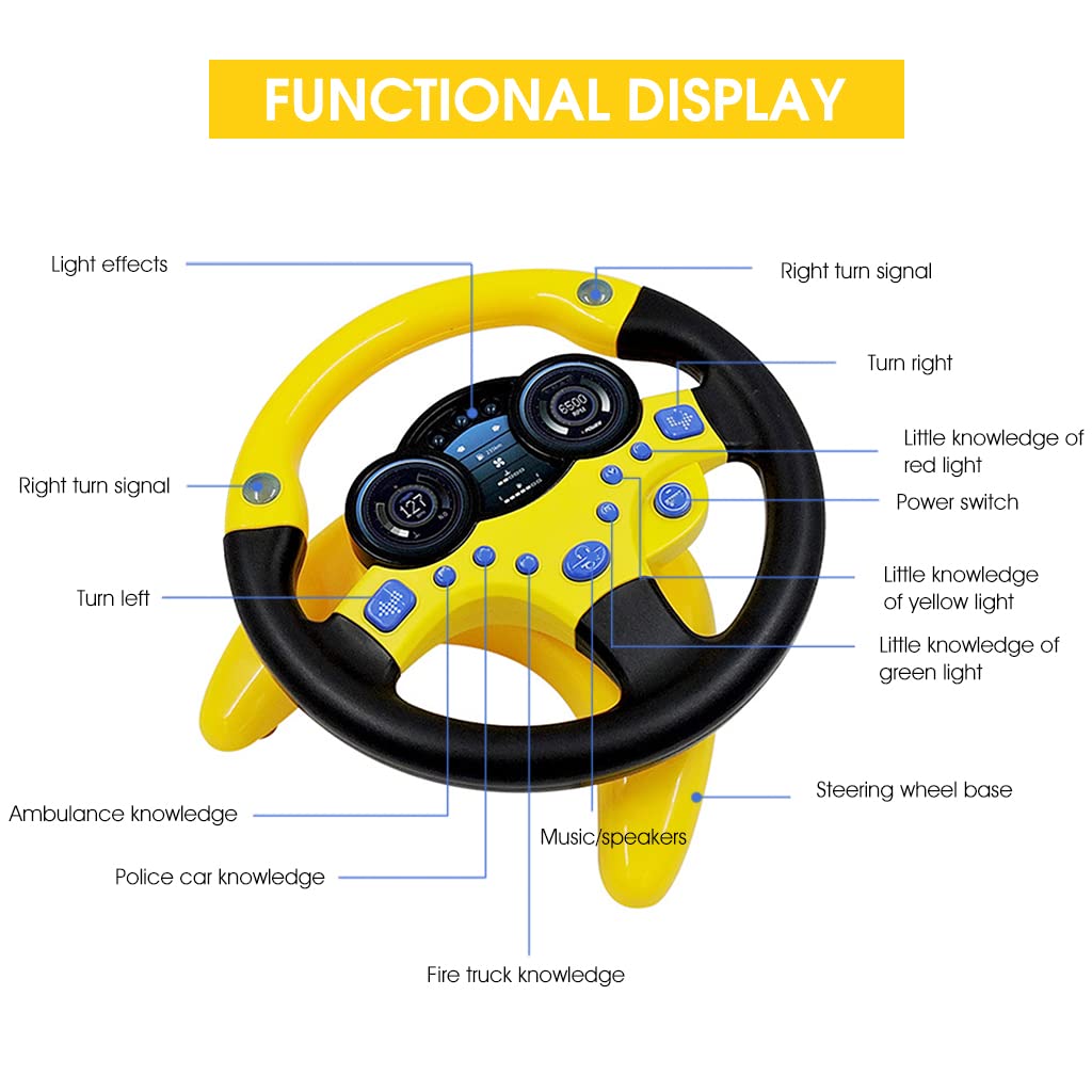 PATPAT Steering Wheel Toy for Kids, Music Driving Simulation Racing Play Learning Educational Toys for Baby Girls Boys 1-3 Years Old, Music Toy for Baby Steering Wheel Mountable on Crib (Yellow)