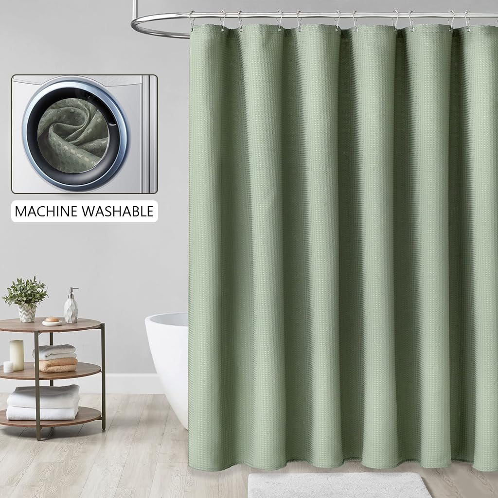 HASTHIP Fabric Shower Curtain Waterproof Polyester Double Sided Waffle Textured Green Shower Curtain with 12 Plastic Hooks Water Resistant Partition Liner for Washroom (Green 72''x72'')