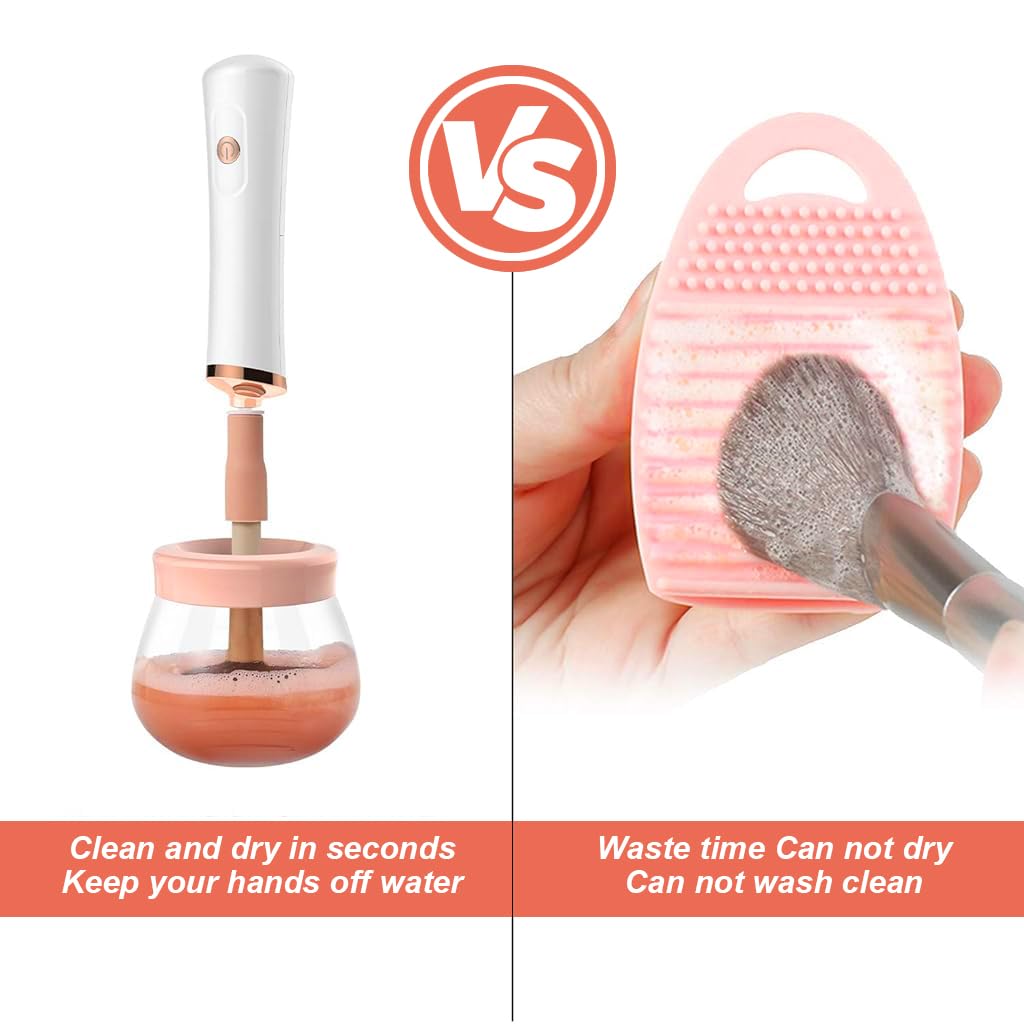 MAYCREATE 2-in-1 Upgraded Makeup Brush Cleaner and Dryer Machine, Electric Cosmetic Automatic Brush Spinner with 8 Size Rubber Collars, Wash and Dry in Seconds, Fit for All Size Brushes (Pink A)