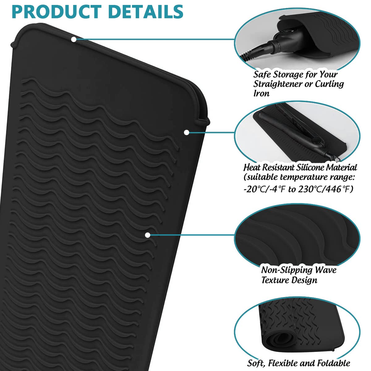 MAYCREATE Heat Resistant Silicone Mat Pouch, Mat Cover for Curling Irons, Hair Straightener, Flat Irons and Other Hot Hair Tools, Black