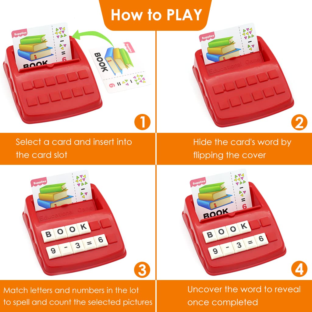 PATPAT Spelling Puzzle Game, Matching Letters Toy with Flash Cards Words, Montessori ABC Alphabet Mathatic Learning Educational Puzzle Gift for Preschool Boys Girls Kids Age 3-5 Years Old (Red)
