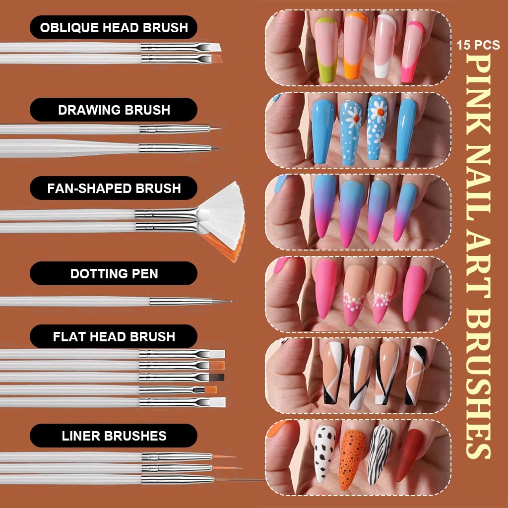 MAYCREATE Nail Art Supplies Tool Kit with 15Pcs Nail Art Fine Detail Brushes 10-Color Striping Tapes Metallic Foils Glitters Nail Decals Stickers Dotting Tools DIY Nail Art Supplies for Nail Salon