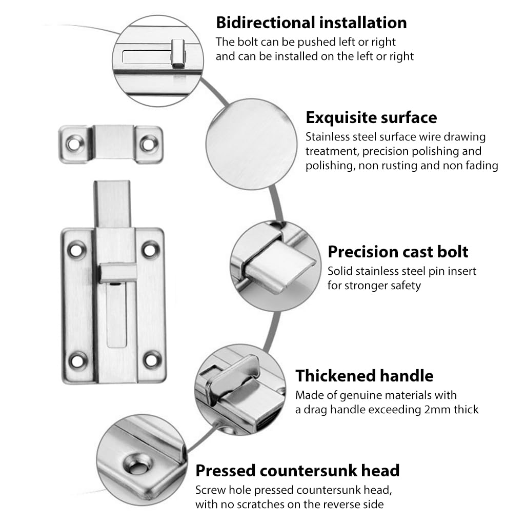 HASTHIP Stainless Steel Door Lock Sliding Latch with Screws Heavy Duty Security Slide Lock for Door, Window, Cabin, Chicken Coop, Barn (2 Pcs, Silver)