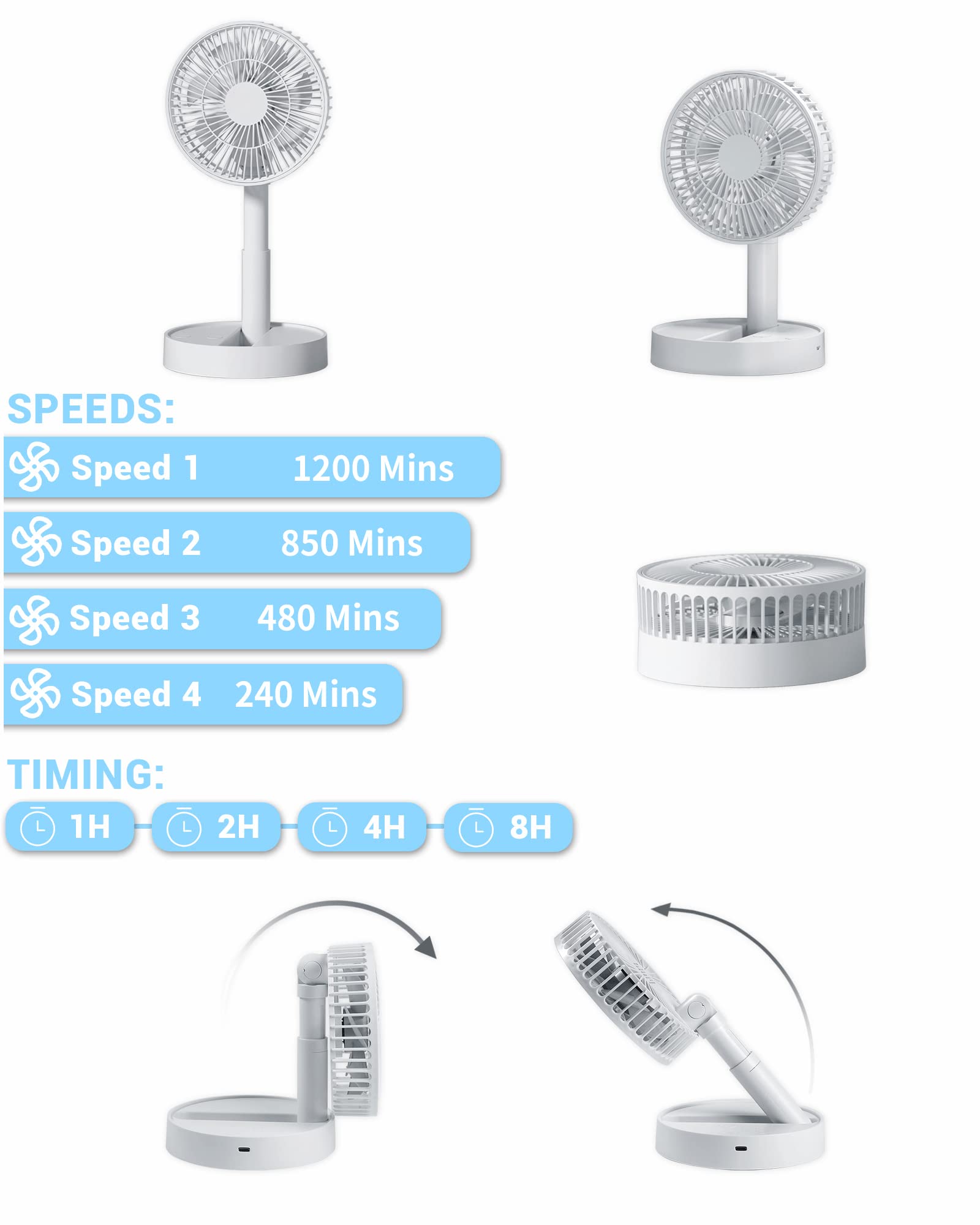 Verilux Mini Desk Fan, 6 Inch Retractable Foldable USB Fan with 4 Speed Settings, 3600mAh Battery Rechargeable Fan, Portable Cooling Fans for Bedroom, Home and Outdoor