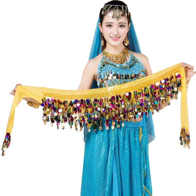 PALAY Belly Dance Hip Scarf Waistband Belt Belly Dance Skirt Wrap with Colorful Bling Coins Fancy Belly Dance Costume Accessories for Women Girls Yellow