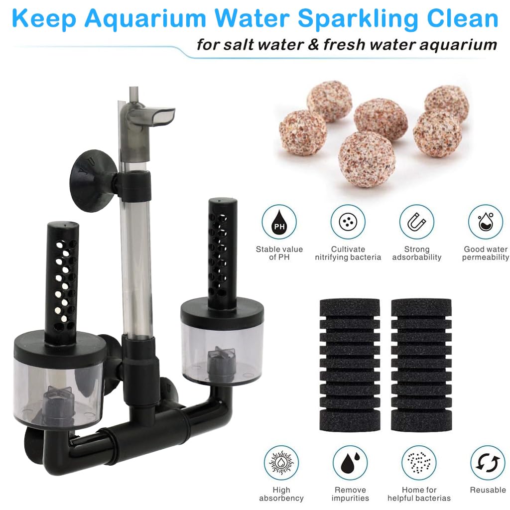 Qpets Aquarium Water Filter Fish Tank Internal Filters with Suction Cups Biochemical Filtration Cotton Columns Water Filter, Quiet Aquarium Water Filter with 4 Cotton Columns & Filtration Ball Pack