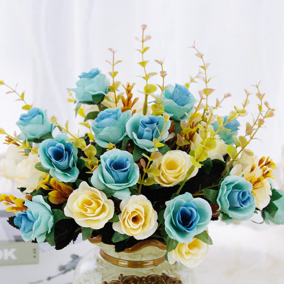 HASTHIP 2 Bundles Artificial Rose Flowers, No Vase Included, Artificial Blue and White Rose Flower Decor for Wedding, Party, Home Decoration, Desk Artificial Flowers Decoration Home Decor