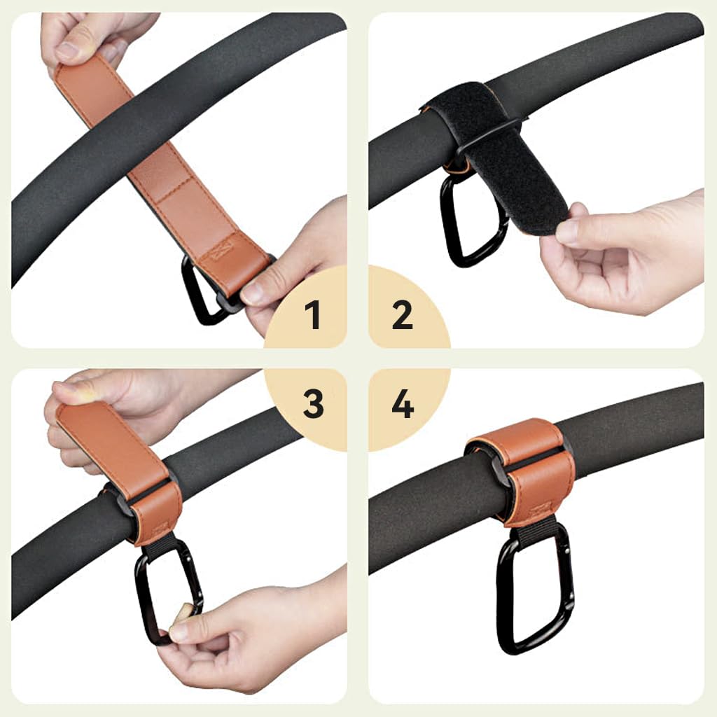 SNOWIE SOFT 2Pcs Stroller Hooks Quick Release Handle Bar Carabiners for Hanging Items Adjustable Hook and Loop Closure Leather Stroller Hooks Bag Hanging Hooks for Stroller, Pram, Pushchair