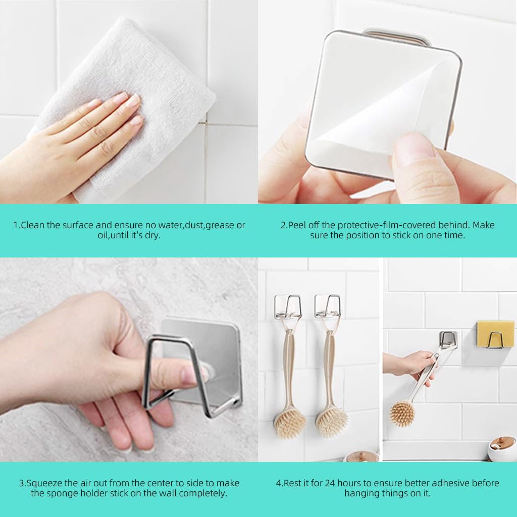 HASTHIP 2Pcs Self Adhesive Sponge Holder Sink Caddy for Kitchen Sink, 304 Stainless Steel Scrubber Hanger Caddy Accessories for Kitchen Accessories, Sliver
