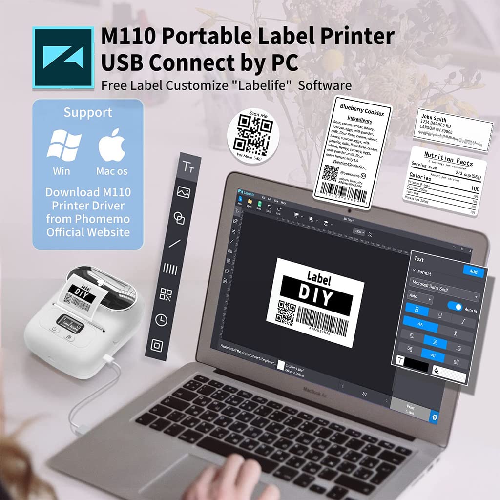 ZORBES Thermal Printer, Mini Bluetooth Thermal Print Inkfree Printer Compatible with Android & iOS System, Label Printer Black on White with 1 Roll Print Paper