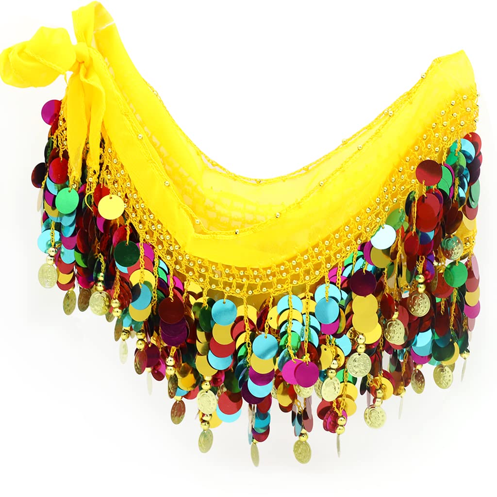 PALAY Belly Dance Hip Scarf Waistband Belt Belly Dance Skirt Wrap with Colorful Bling Coins Fancy Belly Dance Costume Accessories for Women Girls Yellow