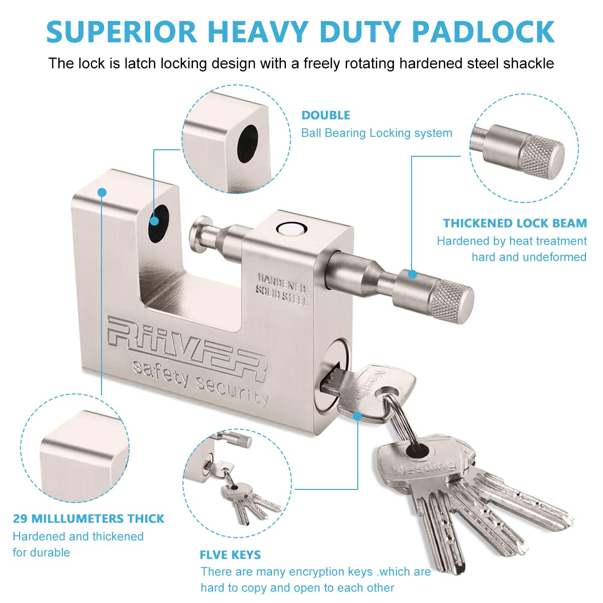 HASTHIP Padlock with Key, 94mm High Security 5 Keys Heavy Duty Lock, D-Shaped Solid Brass Outdoor Keyed Padlock for Warehouse, Containers, Shed, Garage, Shutter, Gate, Motorbike