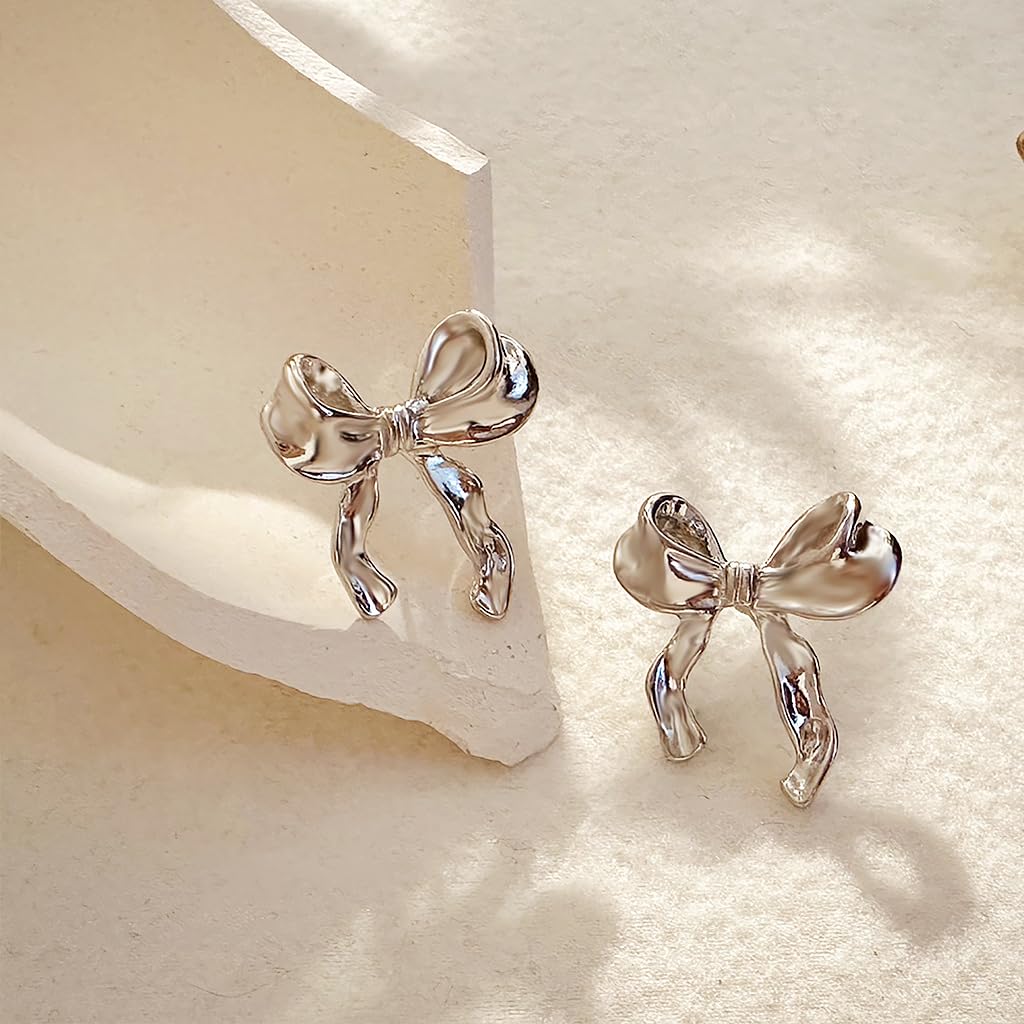 SANNIDHI 2 Pairs Bow Earrings for Women Fashion Girls Stud Earrings Elegant Metal Bowknot Studs Earrings for Women Jewelry Gift - Gold & Silver
