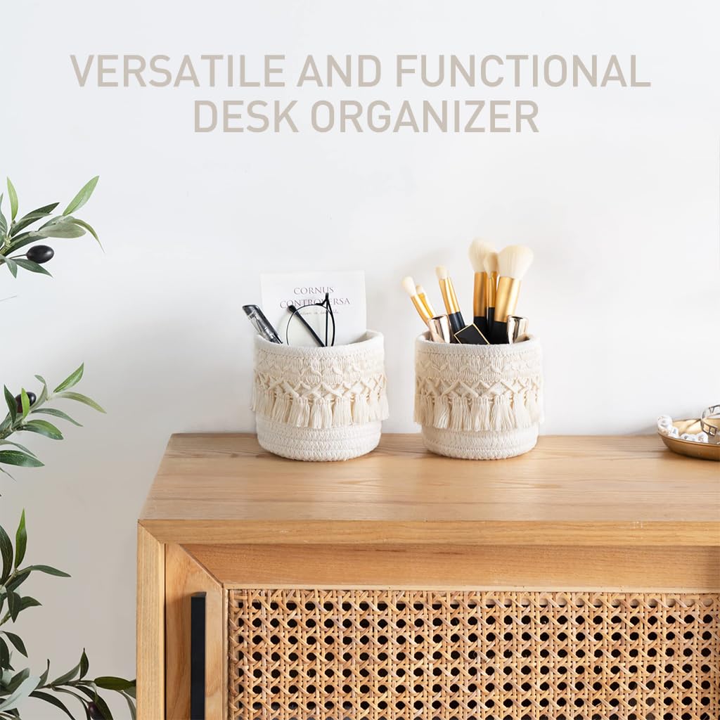 MAYCREATE Desk Organizer Holder 3.9 Inches Makeup Brush Holder Organizer Holder Cotton Rope Tassels Pen Holder Dresser Table Organizer School Office Stationeries Storage Organizer Makeup Organizer