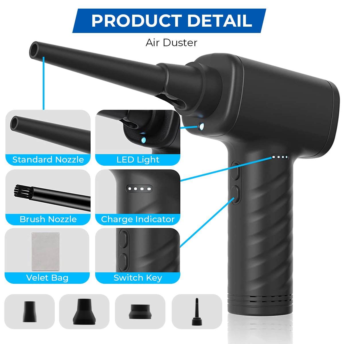 ZORBES Compressed Air Duster, 50000RPM USB Rechargeable Air Duster Air Blower Keyboard Duster, Cordless Air Duster with Folding Nozzles, Electric Air Duster Cleaner for Car Computer Electronics Window Track
