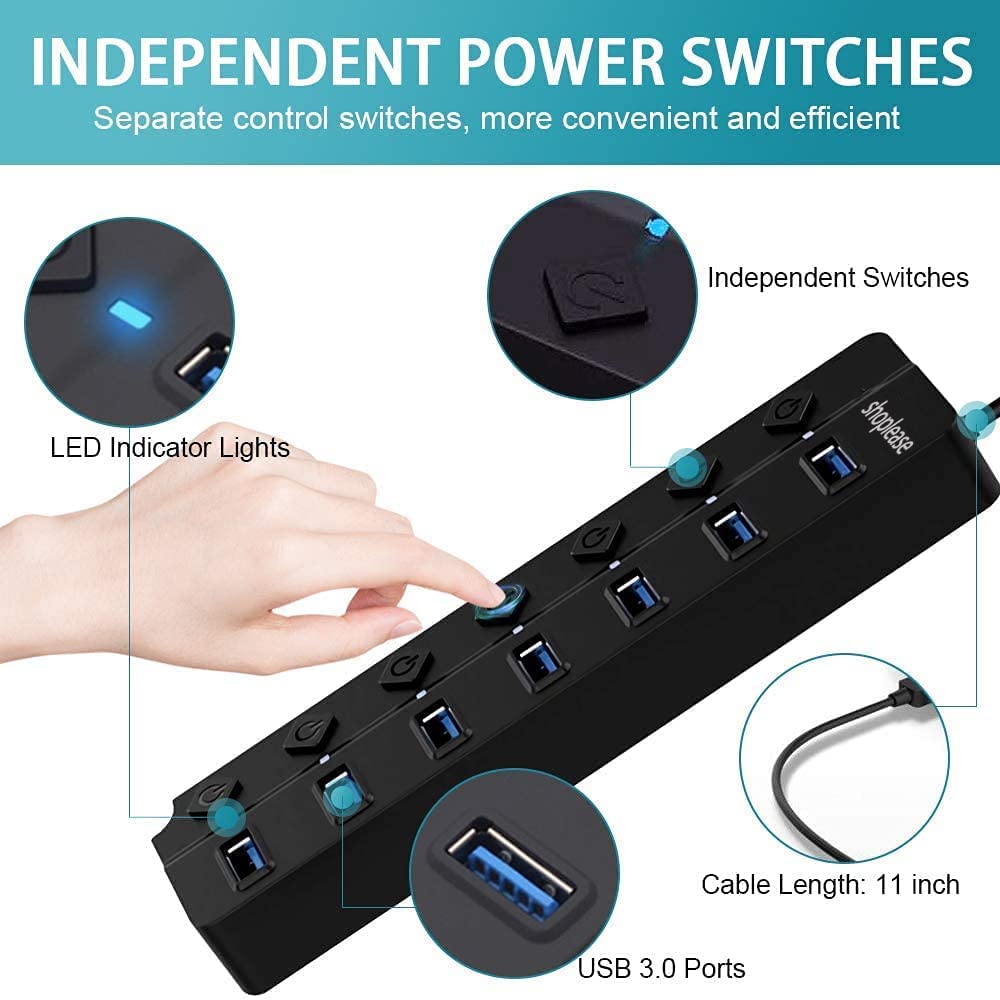 ZIBUYU USB Hub 7in1 All 3.0 Ports for PC Desktop Laptop USB Hub Individual Switch Control USB Extender for Laptop USB Hub for USB Flash Disk, Keyboard, Wired Mouse, Bluetooth Mouse, Plug and Play