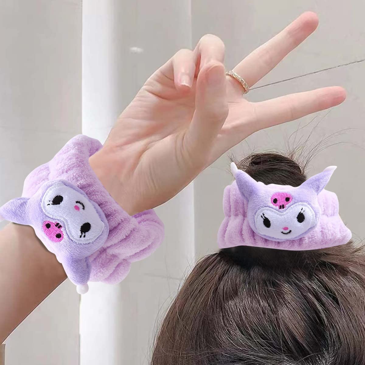 MAYCREATE Spa Wrist Band for Face Wash, Cute Cartoon Wristbands Wrist Towels for Washing Face, Microfiber Absorbent Wrist Sweat Bands for Women Girls Kids (Purple, 1 Pair)